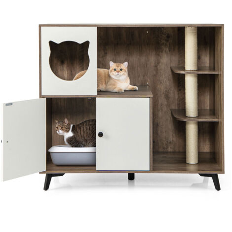 Costway – Meuble litière chat 5 en 1 avec condo – 3 poteaux à griffer sisal – Maison pour 1-5 chatons – 5 pieds métal – Charge 30 kg – Gris (1/5)