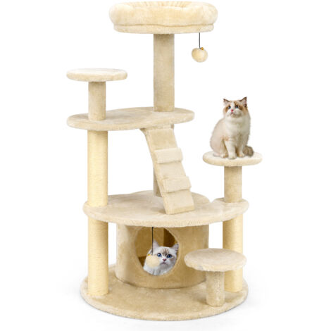 Costway – Arbre à chat XXL 101 cm – 2 poteaux à griffer en sisal – 7 plateformes – condo et échelle d'escalade – beige foncé (1/5)
