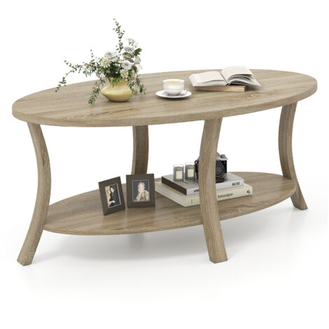 Costway – Table basse ovale 2 niveaux en bois d'hévéa – Étagère de rangement ouverte – Charge jusqu'à 160 kg – Dimensions 111x60,5x47 cm (1/5)