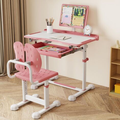 Ensemble de Bureau et Chaise pour Enfant, Bureau d'Étude Réglable en Hauteur avec Plateau Inclinable, Support de Livre et Barre Repose-Pieds, Rose