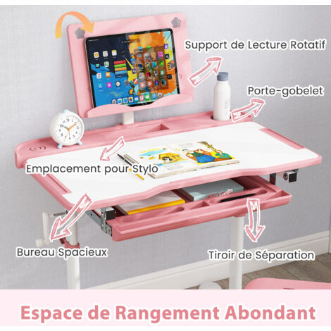 Ensemble chaise et bureau pour enfants avec lampe LED hauteur réglable plateau incliné support