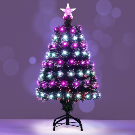 COSTWAY Sapin de Noël Artificiel Pré-Illuminé de 93 cm, Arbre de Noël avec Fibres Optiques Multicolores, 96 Lumières LED, 8 Modes, 96 Branches en PVC, Étoile, Support en Métal, Décoration de Fête (1/5)