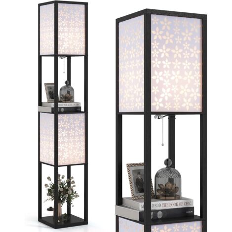 COSTWAY Lampadaire à Motif Floral, Lampe sur Pied avec 2 Étagères & 2 Abat-jours, Interrupteur à Pied & Chaîne à Tirer, Douille E27 sans Ampoule, Lampadaire pour Salon Chambre Bureau (1/5)