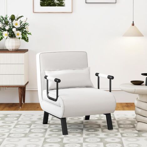 COSTWAY Fauteuil Convertible 1 Place, Fauteuil-Lit Chauffeuse 4-en-1 Dossier Réglable 6 Position, Oreiller, Siège Rembourré, Accoudoirs, Cadre Métal, Canapé-Lit Pliant pour Maison, Bureau (Blanc)