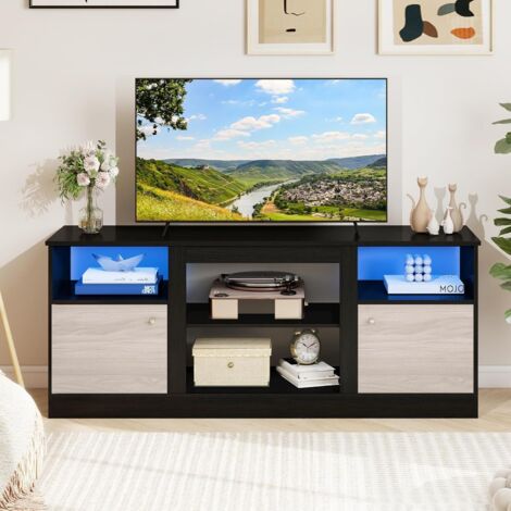 COSTWAY Meuble TV LED 147 cm, Meuble TV Cheminée pour TV jusqu'à 65 Pouces, 2 Armoires, Compartiments Ouverts, Porte Magnétique, Design Moderne pour Salon, Noir (1/5)
