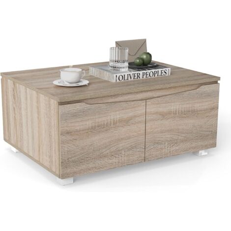 Costway – Table basse rectangulaire avec rangement – 4 portes à ouverture double – Patins antidérapants – Finition bois chêne – Dimensions 80 x 60 x 37 cm (1/5)