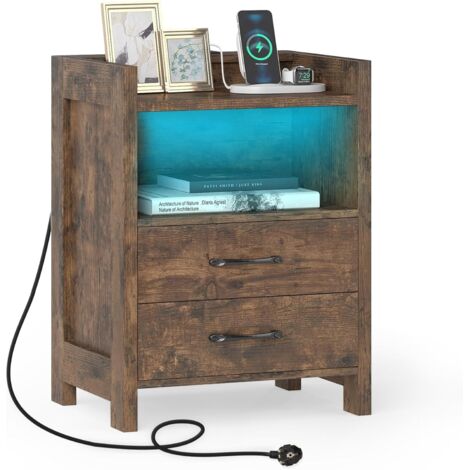 COSTWAY Table de Chevet avec Prise, Table de Nuit LED en 16 Couleurs, 2 Prises, Port USB, Type-C, 2 Tiroirs, Étagère Ouverte, Chevet de Lit Connectée pour Chambre, Salon (1,Marron Rustique) (1/4)