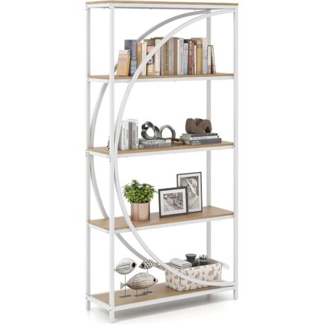 COSTWAY Bibliothèque à 5 Niveaux, Étagère à Livres Cadre en Métal, Étagères de Rangement Ouvertes, Dispositif Anti-basculement & Patins Ajustables, pour Salon, Bureau (Naturel) (1/5)