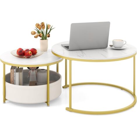 COSTWAY Lot de 2 Tables Gigognes Rondes, Table Basse Salon de 80cm+60cm,Effet Marbre, Panier de Rangement en Tissu, Structure en Métal, Design Moderne, pour Chambre, Bureau (Blanc+Doré)