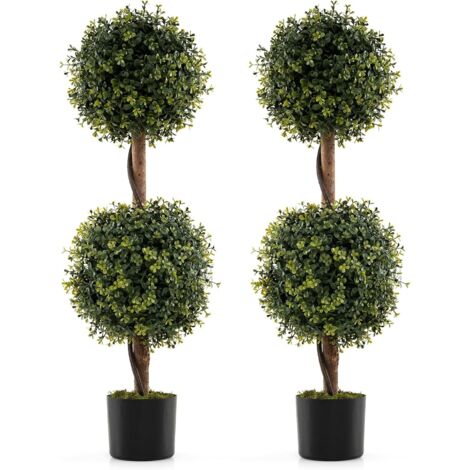COSTWAY Lot de 2 Arbres Artificiels Topiaire 90 cm avec Double Boule, Fausse Plante en Pot Rempli de Ciment avec Mousse Naturelle, Décoration Interieur/Exterieur pour Salon Balcon Bureau (1/5)