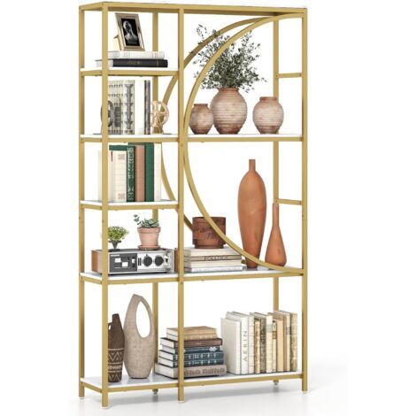 COSTWAY Bibliothèque à 6 Niveaux, Étagère à Livres Cadre en Métal, Étagères de Rangement Ouvertes, Dispositif Anti-basculement & Patins Réglables, Présentoir pour Salon, Bureau (Blanc+Or) (1/5)
