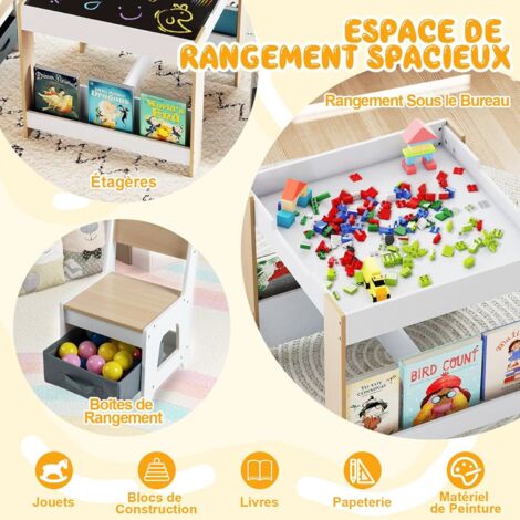 COSTWAY Table Enfant 3 En 1 Bois + 2 Chaises - Tableau Noir/Blanc Réversible - Rangement Caché - 3-6 Ans - Charge 30 Kg