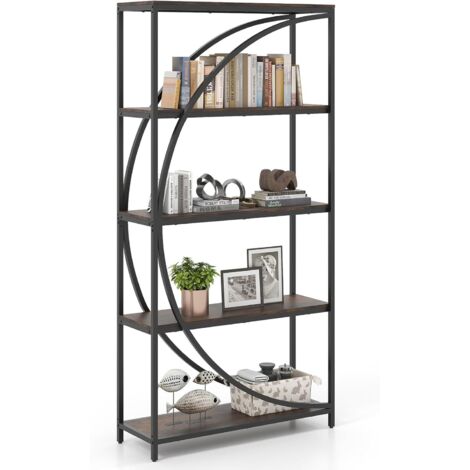 COSTWAY Bibliothèque à 5 Niveaux, Étagère à Livres Cadre en Métal, Étagères de Rangement Ouvertes, Dispositif Anti-basculement & Patins Ajustables, pour Salon, Bureau (Marron Rustique) (1/5)