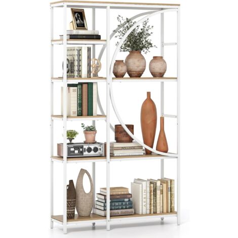 COSTWAY Bibliothèque à 6 Niveaux, Étagère à Livres Cadre en Métal, Étagères de Rangement Ouvertes, Dispositif Anti-basculement & Patins Réglables, Présentoir pour Salon, Bureau (Naturel+Blanc) (1/5)