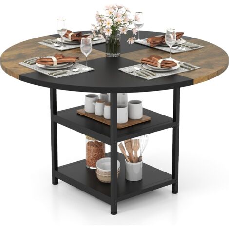 COSTWAY Table à Manger Ronde pour 4-6 Personnes, Table de Cuisine en Bois de 119 cm, Design Bicolore en Blocs, 2 Étagères, Pieds Métalliques, Grande Table pour Salle à Manger (1/5)
