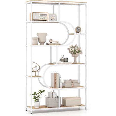 COSTWAY Étagère à 8 Niveaux 175 cm, Bibliothèque D'exposition en Bois avec Cadre en Métal, Pieds Réglables, Etagère de Rangement Ouvert pour Salon, Bureau, Chambre (Natural) (1/5)