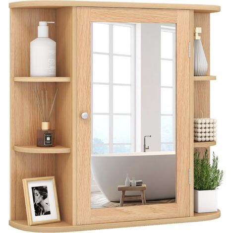 COSTWAY Armoire Murale de Salle de Bains avec Miroir avec Etagères Réglables et Compartiments Ouverts Armoire à Pharmacie pour Toilette (Naturel) (Naturel) (1/5)