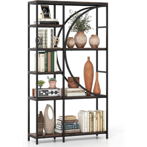 COSTWAY Bibliothèque à 6 Niveaux, Étagère à Livres Cadre en Métal, Étagères de Rangement Ouvertes, Dispositif Anti-basculement & Patins Réglables, Présentoir pour Salon, Bureau (Marron Rustique) (1/5)