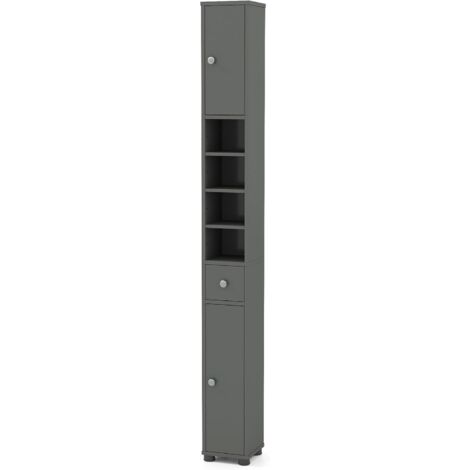 COSTWAY Meuble Colonne Salle de Bain, Meuble de Rangement avec 2 Placards à Porte, 1 Tiroir et 5 Étagères Réglables, Armoire Haut pour Salon, Chambre, Bureau, 20 x 20 x 180 cm (Gris) (1/5)