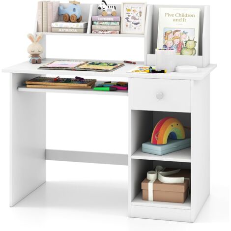 COSTWAY Bureau Enfants en Bois avec Etagères & Niche, Bureau d'Etude Enfants avec Plateau à Clavier, Dispositif Anti-basculement & Patins Antidérapants, Charge 100kg, 90x45x90cm
