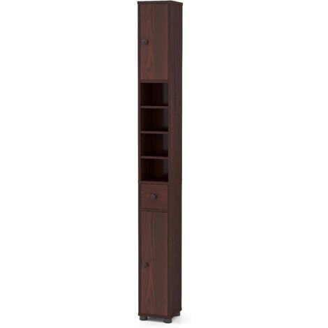 COSTWAY Meuble Colonne Salle de Bain, Meuble de Rangement avec 2 Placards à Porte, 1 Tiroir et 5 Étagères Réglables, Armoire Haut pour Salon, Chambre, Bureau, 20 x 20 x 180 cm (Brun)