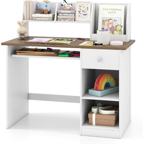 COSTWAY Bureau Enfants en Bois avec Etagères & Niche, Bureau d'Etude Enfants avec Plateau à Clavier, Dispositif Anti-basculement & Patins Antidérapants, Charge 100kg, 90x45x90cm (Naturel)