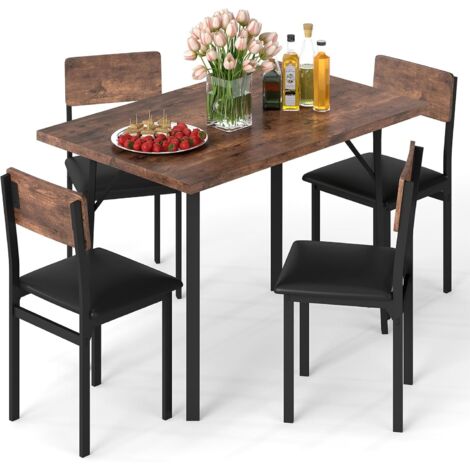 COSTWAY Table a Manger avec 4 Chaises, Ensemble Table et 4 Chaises pour 4 Personnes, Cadre en Métal, Tabourets Rembourrées en Simili Cuir, Industriel, pour Cuisine, Salon, Petits Espaces (1/5)