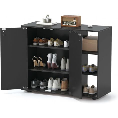 COSTWAY Meuble Chaussure à 3 Niveaux, Armoire a Chaussures 12 Paires avec Portes, 2 Étagères Ouvertes Réglables, Kit Anti-Basculement, Meuble de Rangement pour Entrée Salon, 80x31x64,5 cm (Noir) (1/5)
