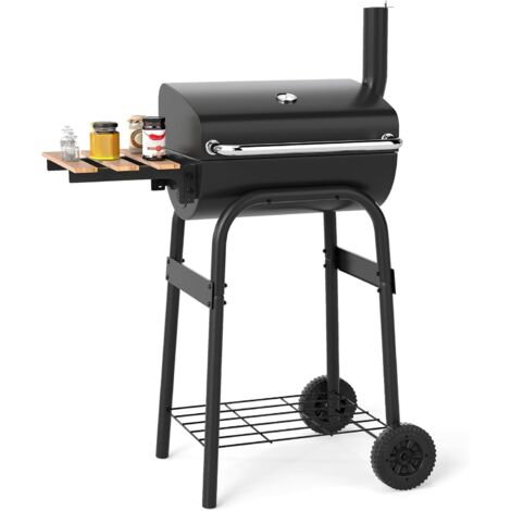COSTWAY Barbecue Charbon de Bois avec Grille de Cuisson, Chariot de Barbecue Portable d'Extérieur avec Table Latérale Rabattable, Thermostat, Étagère et 2 Roues pour Jardin, Terrasse, Fête (1/5)
