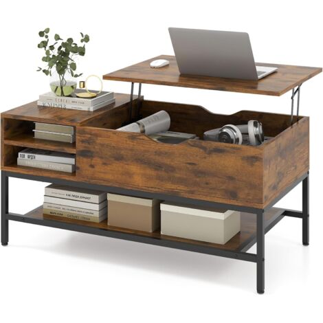 COSTWAY Table Basse Plateau Relevable, Table Salon Relevable avec Rangement Caché, Compartiments Ouverts, Mécanisme de Levage, Cadre en Métal, pour Salon, 99,5 x 49,5 x 47,5 cm (Marron Rustique) (1/5)