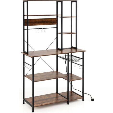 COSTWAY Étagère de Cuisine en Bois avec Multiprise, Support Micro-Ondes 9 Niveaux, 12 Crochets, Panier, Pieds Réglables et Cadre en Métal, 99 x 40 x 170 cm, Marron Rustique