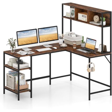 COSTWAY Bureau d'Angle en L, Table d'Ordinateur avec Bibliothèque, Étagères de Rangement Ouvertes & Crochet pour Casque, Table Gaming Gain de Place, pour Bureau, Salle d'Étude, Salon (Marron Rustique) (1/5)