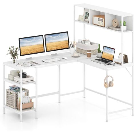 COSTWAY Bureau d'angle en L, Table d'Ordinateur avec Bibliothèque, Étagères de Rangement Ouvertes & Crochet pour Casque, Table Gaming Gain de Place, pour Bureau, Salle d'Étude, Salon (Blanc) (1/5)