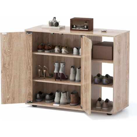 COSTWAY Meuble Chaussure à 3 Niveaux, Armoire a Chaussures 12 Paires avec Portes, 2 Étagères Ouvertes Réglables, Kit Anti-Basculement, Meuble de Rangement pour Entrée Salon, 80x31x64,5 cm (Naturel) (1/5)