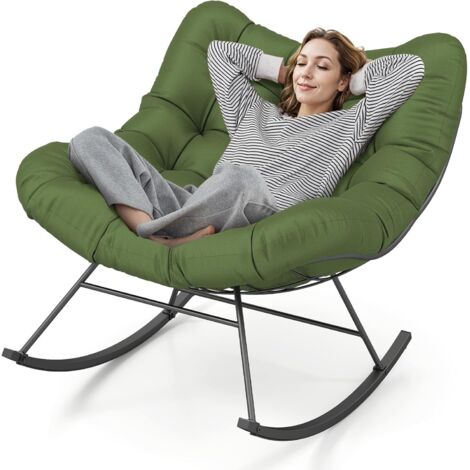 COSTWAY Fauteuil a Bascule d'Intérieur et d'Extérieur, Chaise Papasan Surdimensionnée avec Coussin Rembourré, Cadre en Métal, Fauteuil Œuf pour Salon, Patio, Capacité 205 kg (Vert)