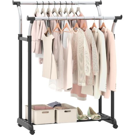 COSTWAY Portant a Vetement Double sur Roulette, Hauteur Réglable 106-175 cm, Penderie Vetement Solide en Métal, Porte Cintres sur Pied en Métal pour Vestiaire, Buanderie