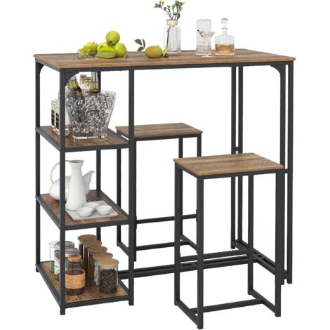 COSTWAY Table Cuisine avec Tabourets, Table de Cuisine 2 Personnes, 3 Étagères, Style Industriel, pour Petite Espaces, Appartement, Salon, Bar (1/5)