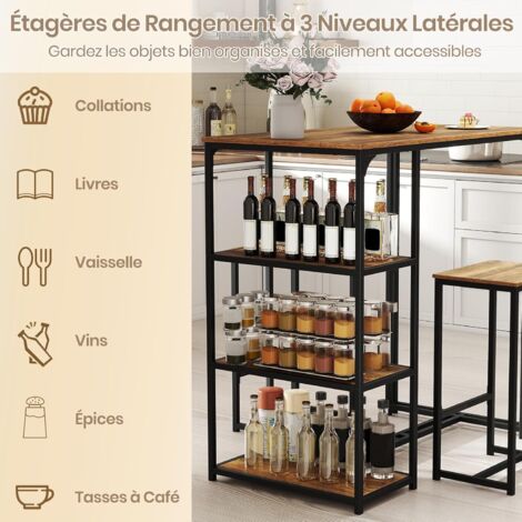 Table Haute Cuisine Industrielle 2 Personnes – Plateau Faux Marbre Blanc, Cadre Métal Noir + 2 Tabourets Rembourrés