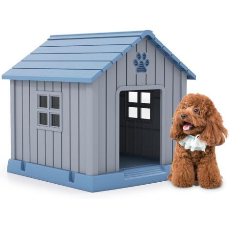 COSTWAY Niche pour Chien Exterieur Interieur en PP, Toit en Pente, 2 Fenêtres, Aérations, Cabane Chien Exterieur, 4 Piquest de Sol, Base Surélevé, pour Chiot Chat Lapin, 76 x 83 x 83 cm (1/5)