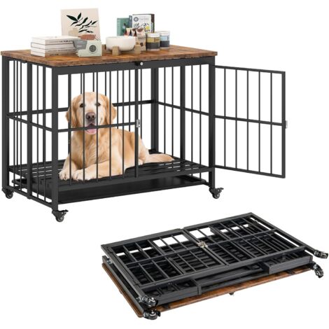 COSTWAY Cage pour Chien Pliable à Roulettes, Plateau Amovible, Caisse Chien en Métal Résistante aux Morsure, Couvercle Rabattable, Porte Verrouillable, Niche pour Chiot Charge 140 kg (97 x 64 x 75 cm)