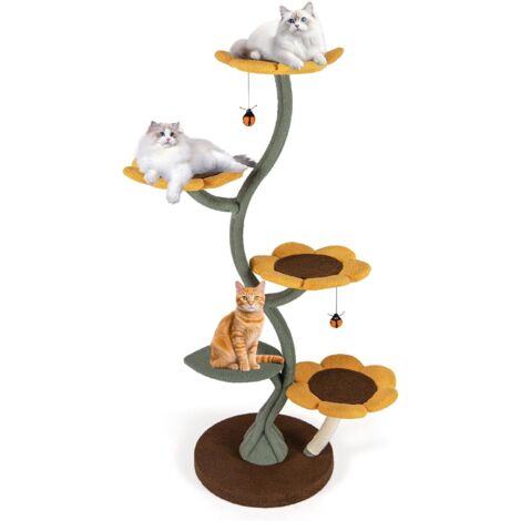 RELAXE Tour à Chat Multi-étages, Arbre à Chat Style Tournesol avec 4 Plateformes en Forme de Fleur, Poteaux à Griffer, Base Large, Plateforme Rembourrée, Balle Suspendue, Tubes Métalliques (1/5)