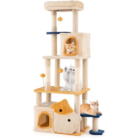 COSTWAY Arbre à Chat XXL 159 cm, 2 Condos, Poteaux à Griffer en Sisal, 5 Plateformes, Arbre a Chat Design de Poisson, Pompon Suspendu, Tour pour Chaton à 6 Niveaux, Tissu Doux, 85 x 42 x 159 cm (1/5)