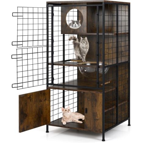 COSTWAY Grand Cage Chat à 4 Niveaux, Enclos pour Chats en Fil, 3 Plateformes, Capsule, Meuble de Rangement Bas, Portes Verrouillable, Patins Réglables, pour Lapin Écureuil, 60 x 60 x 125 cm