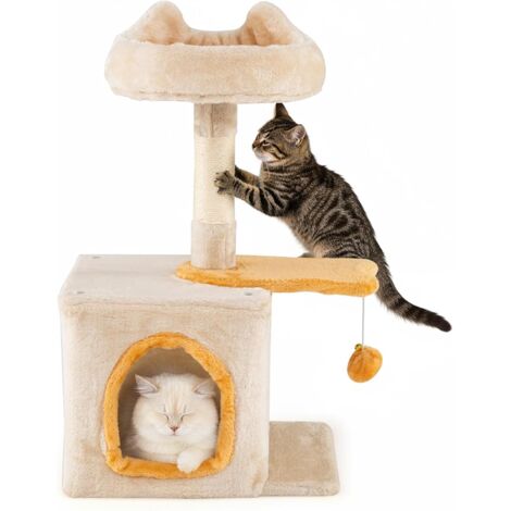 COSTWAY Petit Arbre à Chat 61 cm, Condo, Poteaux à Griffer en Sisal, 2 Plateformes, Arbre a Chat Design de Poisson, Pompon Suspendu, Tour pour Chaton à 3 Niveaux, Tissu Doux, 40 x 30 x 61 cm (61 cm) (1/5)