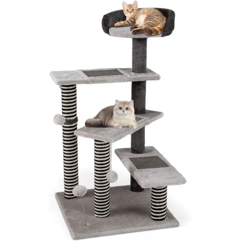 COSTWAY Arbre à Chat XL 93 cm, 5 Plateformes, 3 Poteaux à Griffer en Jute, 3 Planches à Griffer en Sisal, Arbre a Chat Design, 2 Pompons et Balle à Ressort, Tour pour Chaton, 49 x 49 x 93 cm, Gris (1/5)
