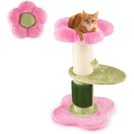 COSTWAY Petit Arbre à Chat Fleur 69 cm, 2 Plateformes, Ø13 cm Poteau à Griffer en Sisal, Brosse d'Toilettage, Arbre a Chat Design à 3 Niveaux, Pompon Suspendu, Tissu Peluche, 40 x 40 x 69 cm (Rose) (1/5)