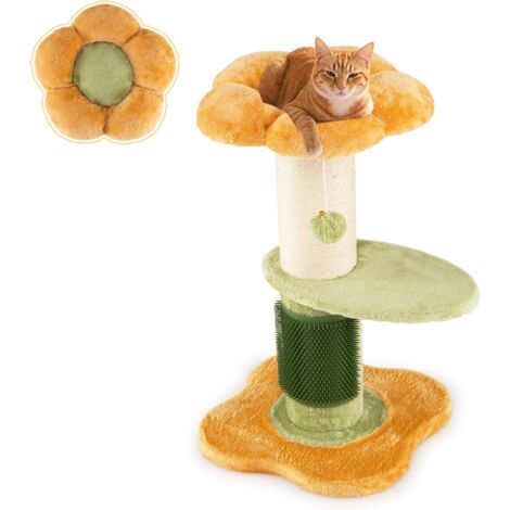 COSTWAY Petit Arbre à Chat Fleur 69 cm, 2 Plateformes, Ø13 cm Poteau à Griffer en Sisal, Brosse d'Toilettage, Arbre a Chat Design à 3 Niveaux, Pompon Suspendu, Tissu Peluche, 40 x 40 x 69 cm (Jaune) (1/5)
