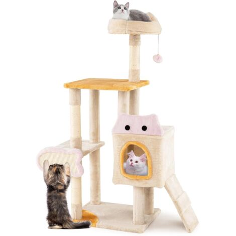 COSTWAY Arbre à Chat XXL 125 cm, Condo, Planche et Poteaux à Griffer en Sisal, 4 Plateformes, Arbre a Chat Design de Poisson, Rampe, Pompon, Tour pour Chaton à 4 Niveaux, Tissu Doux, 95 x 43 x 125 cm (1/5)