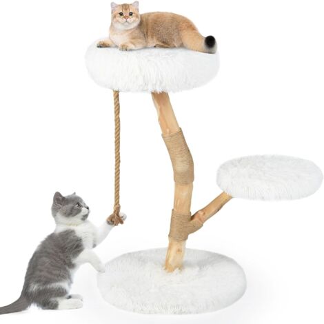 COSTWAY Arbre à Chat, Arbre a Chat Bois de Poirier, 3 Plateformes, Poteaux à Griffer en Jute, Corde en Jute, Tissu Peluche, Tour pour Chaton à 3 Niveaux, Chaque Charge 10 kg (90 cm,Blanc) (1/5)