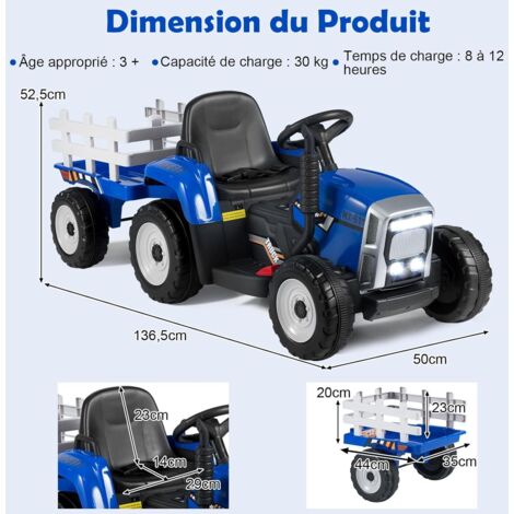 12V Tracteur Électrique Enfant avec Remorque Amovible, Télécommande, Voiture Électrique à 6 Pneus, Lumière LED, Musique, Charge 30kg, Rose